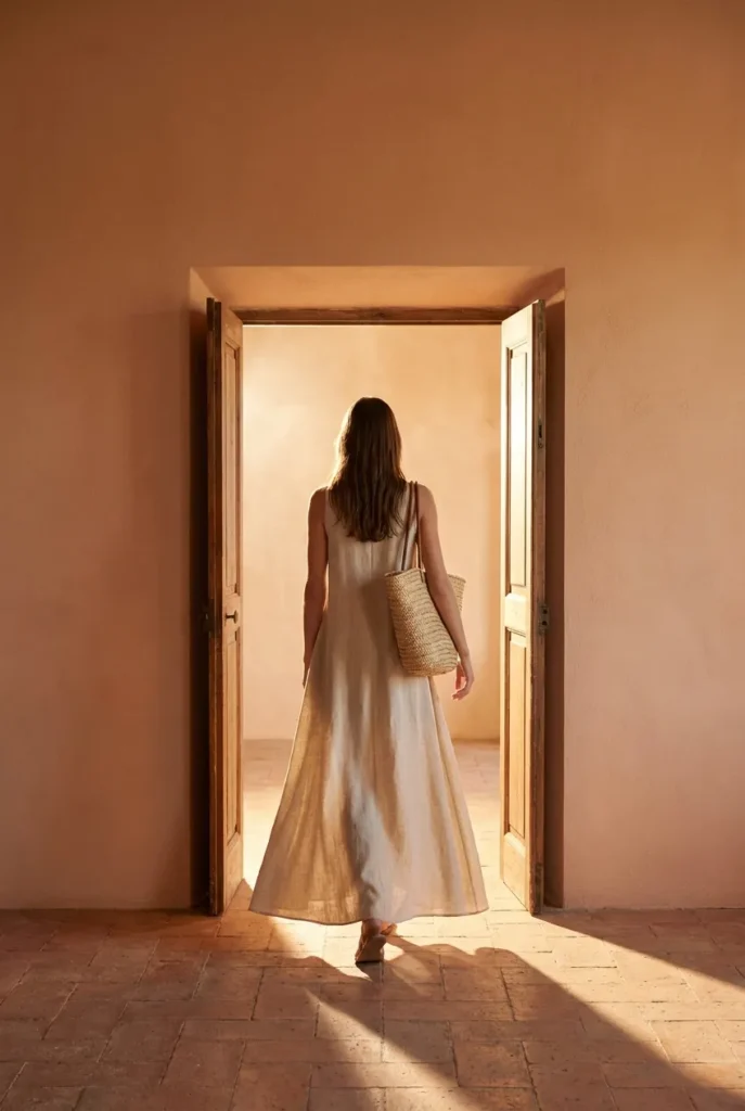Tall woman from behind in a floor-length oat linen maxi dress walking through a golden-hour doorway.
