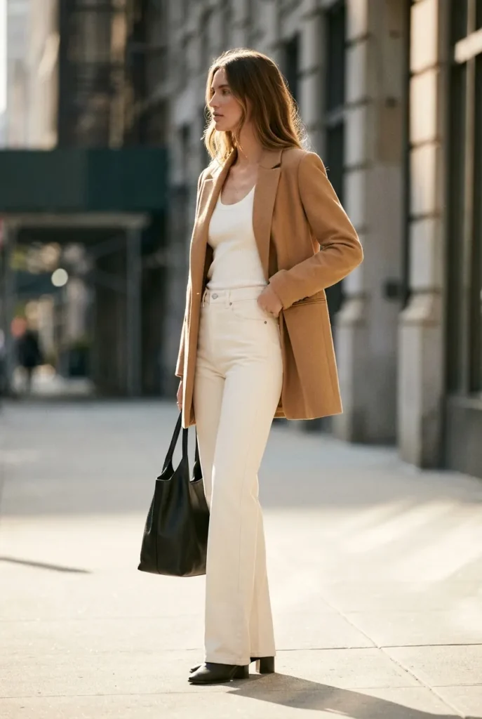 Tall woman in high-rise trousers, ribbed tank, and camel blazer walking in golden-hour city light.
