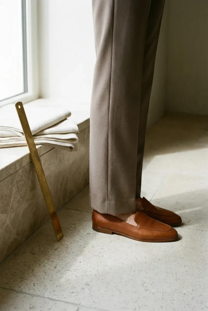 Tall woman's trousers breaking correctly at cognac loafer with brass ruler showing proper hem length.