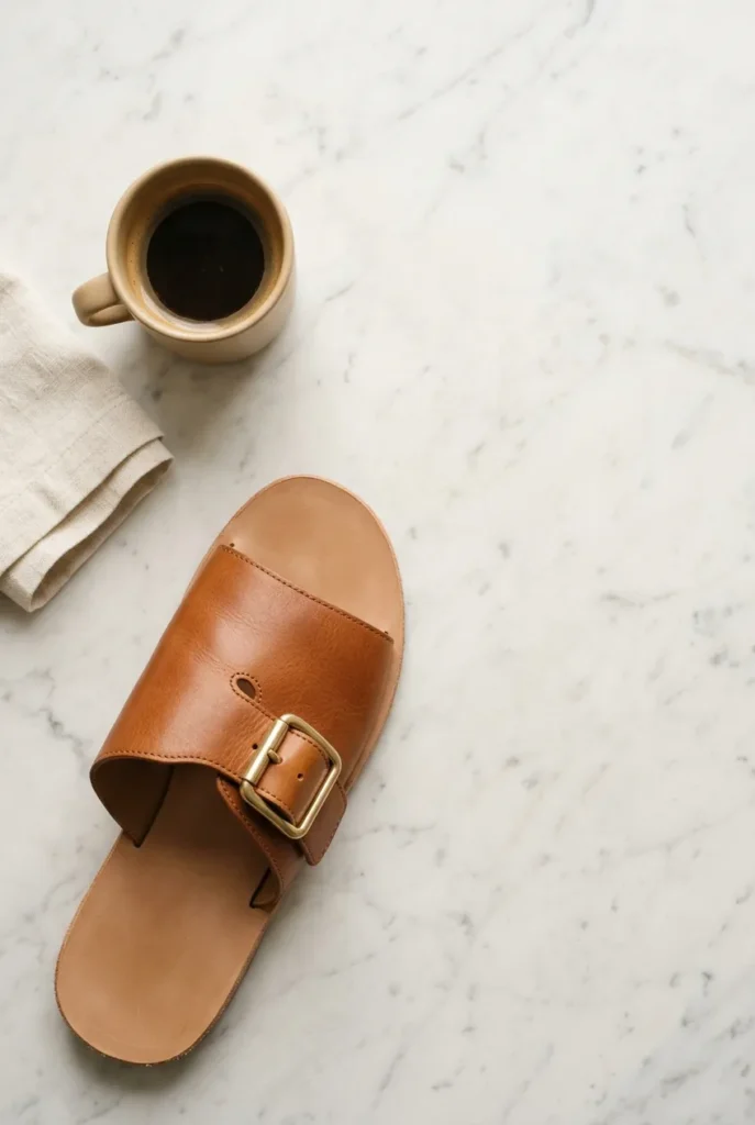 Tan full-grain leather flat sandal on marble vanity, capsule-worthy sandal construction detail close-up