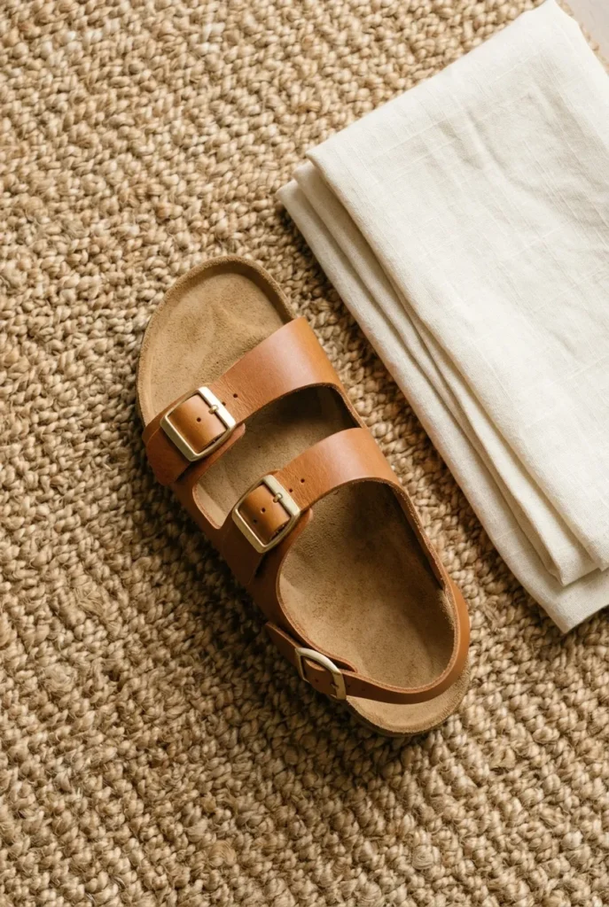 Tan leather sport sandal with contoured footbed flat lay on jute rug, comfortable capsule wardrobe sandal