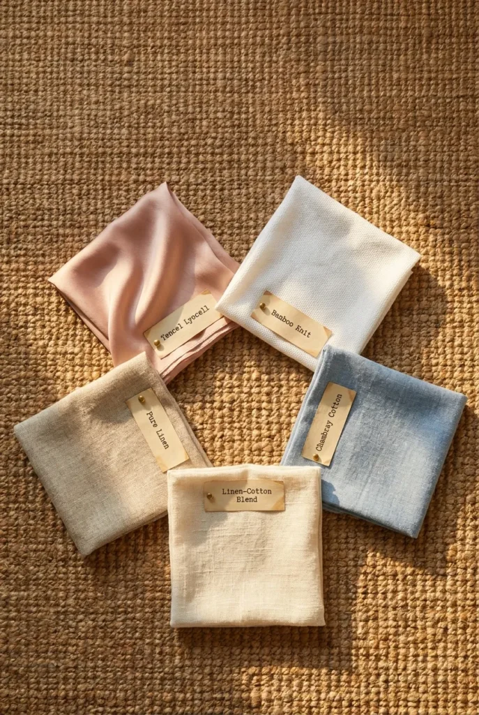 Tencel bamboo chambray linen linen-cotton blend fabric swatches flat lay for breathable summer outfits women