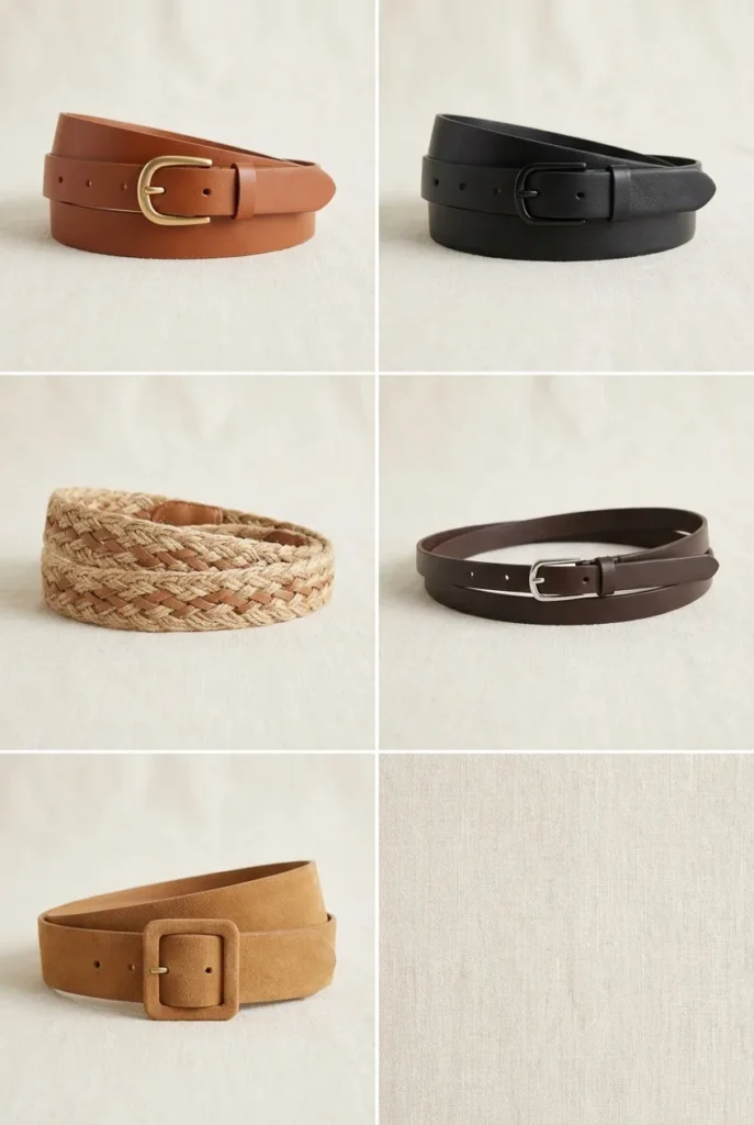 The five best belts for a capsule wardrobe arranged in a styled grid on cream linen.