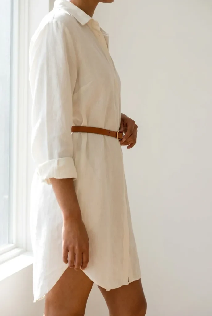 Thin cognac leather belt cinching an ivory shirt dress at the natural waist.