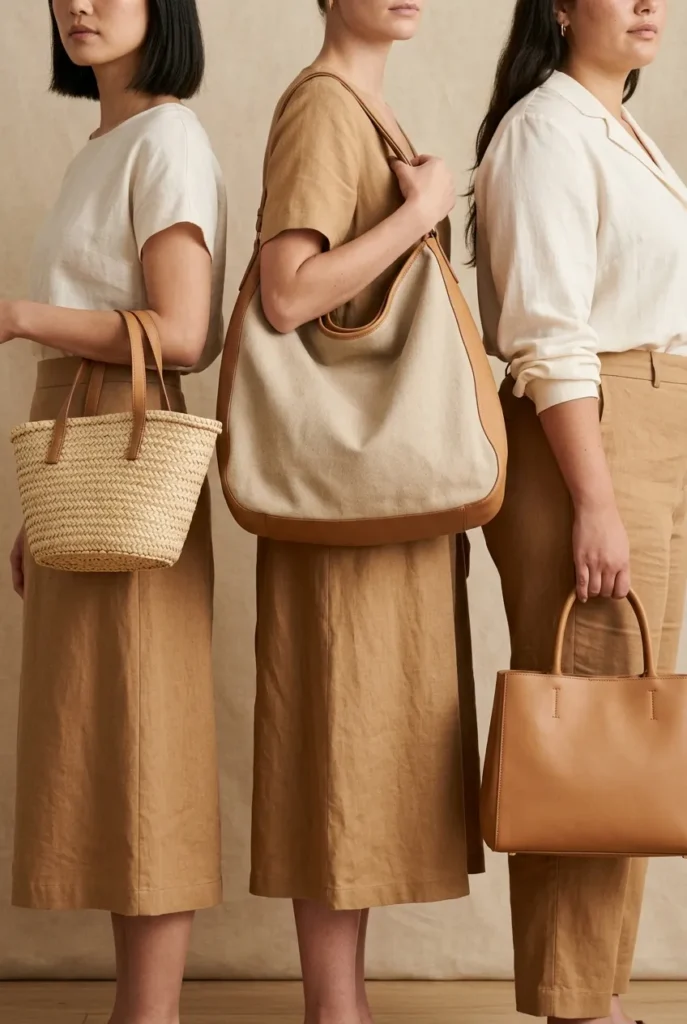 Three body frames each carrying a summer tote sized to their proportions, petite, tall, curvy.