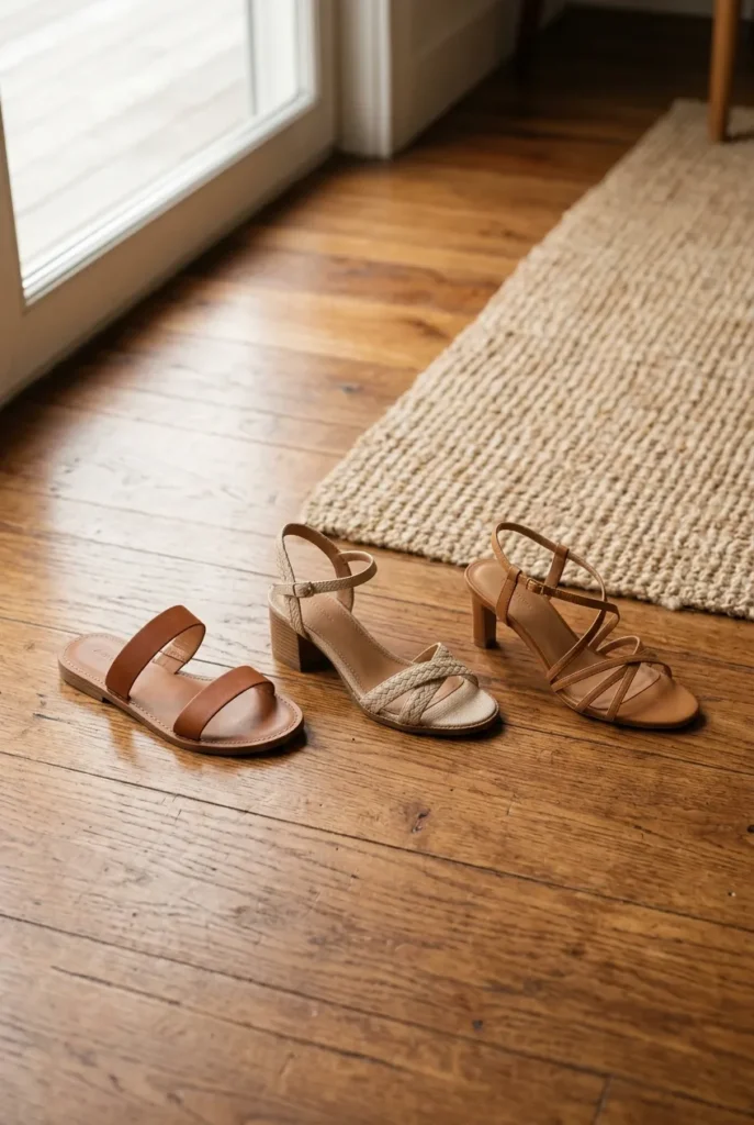 Three capsule wardrobe sandals on hardwood floor minimal flat, block-heel, and strappy heeled styles