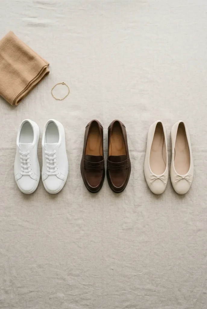 Three capsule wardrobe shoes for women over 40, sneakers loafers and ballet flats