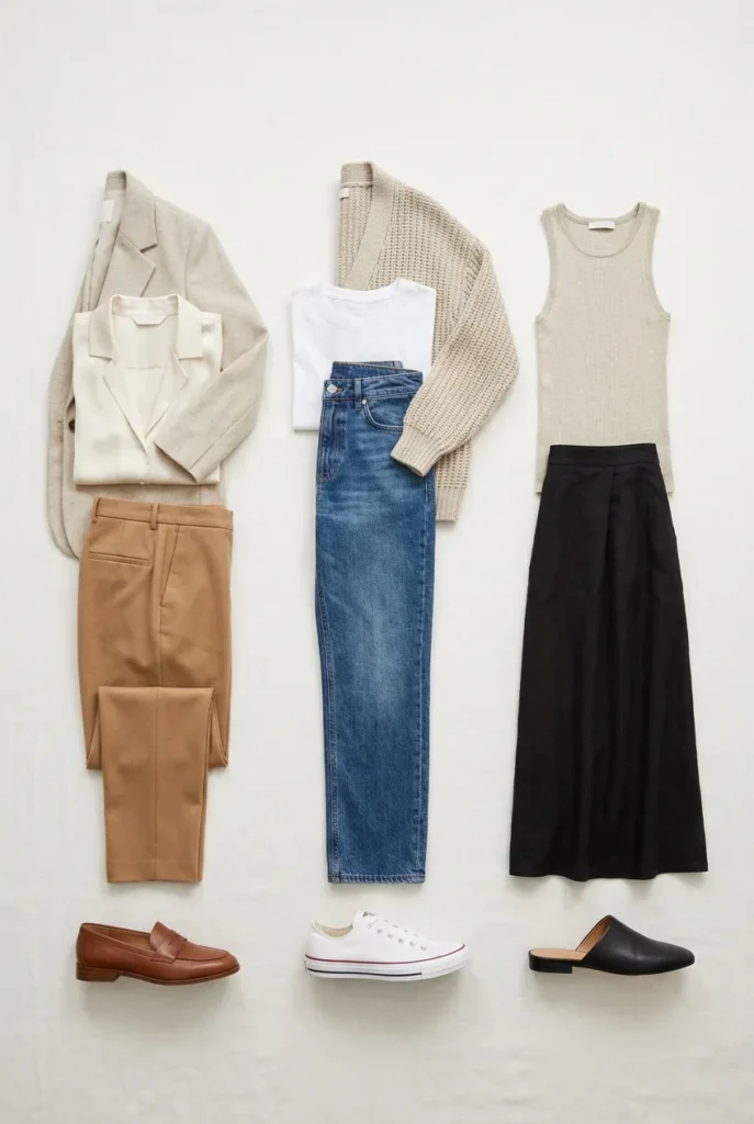 Three complete tall capsule outfits laid out as flat-lays showing trousers, jeans, and skirt looks.
