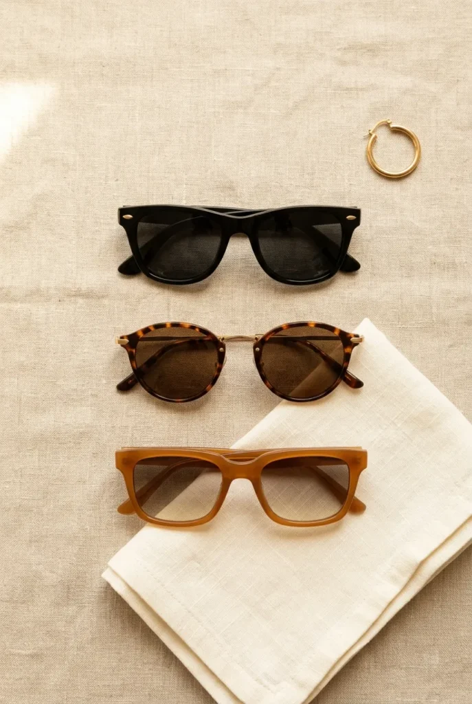 Three-pair sunglasses capsule flat lay in tortoise, black, and caramel on oat linen.