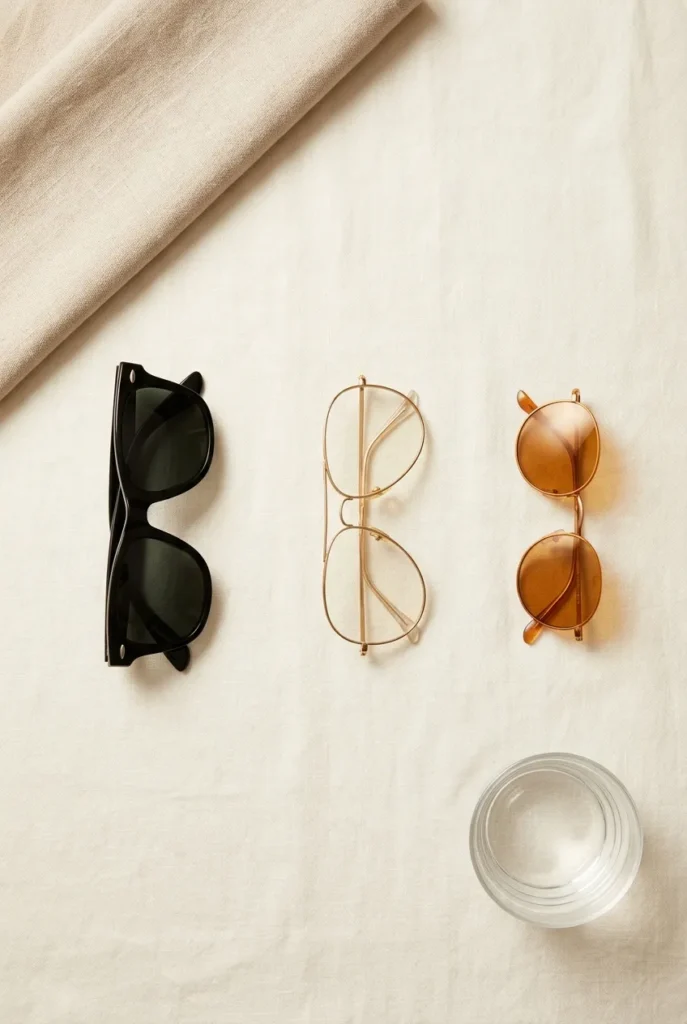 Three pairs of sunglasses arranged in 60-30-10 color formula for capsule wardrobe.