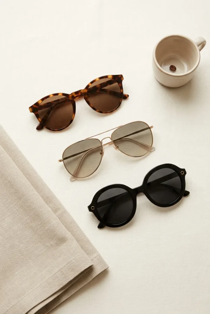 Three round and aviator sunglasses styled for square face shape capsule.