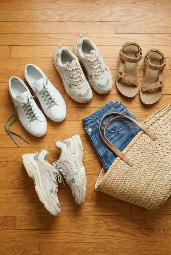 Three summer streetwear shoe options, white sneakers, dad sneakers, sandals