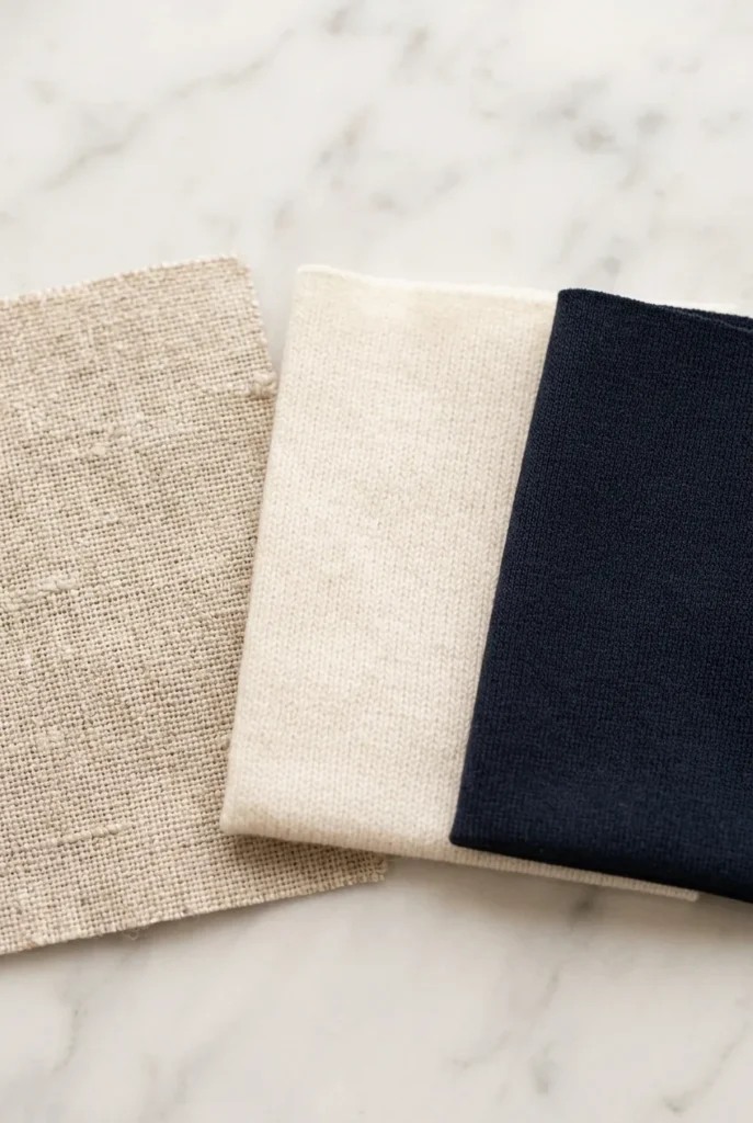 Three travel fabric swatches, linen in oat, merino in ivory, and ponte in navy, overlapping on marble surface close-up