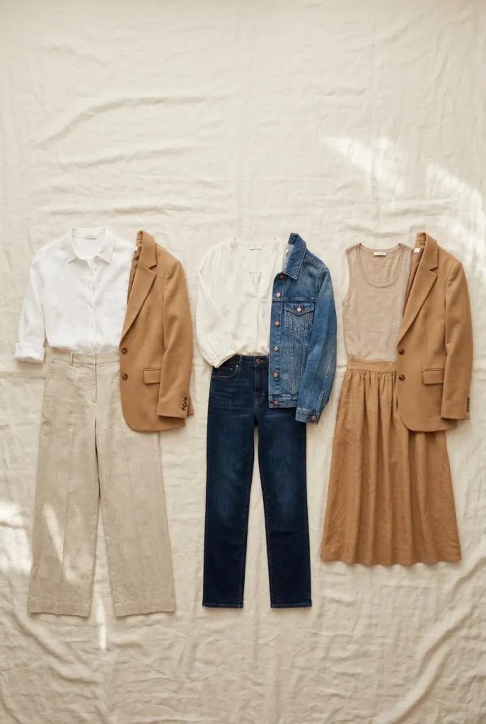 Three travel outfit combinations flat-laid from a 10-piece carry-on capsule wardrobe in neutral tones on linen surface