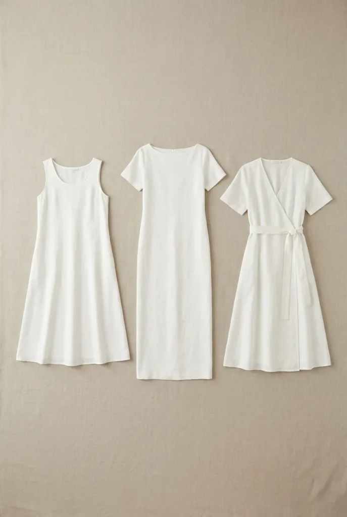 Three white linen dress silhouettes in A-line, column maxi, and wrap midi styles laid flat on an oat linen surface.