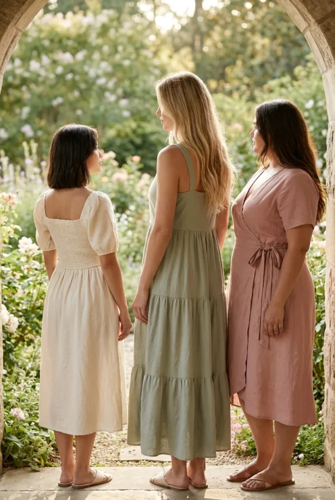 Three women of different body types in cottagecore summer dresses in a garden
