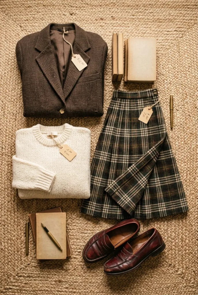 Thrifted dark academia outfit haul flat lay with tweed blazer, knit, plaid skirt, and loafers