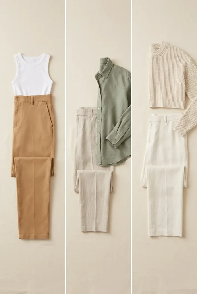 Top-tuck ratio outfit formula wide-leg trousers summer, three tuck styles flat lay with neutral tops and trousers
