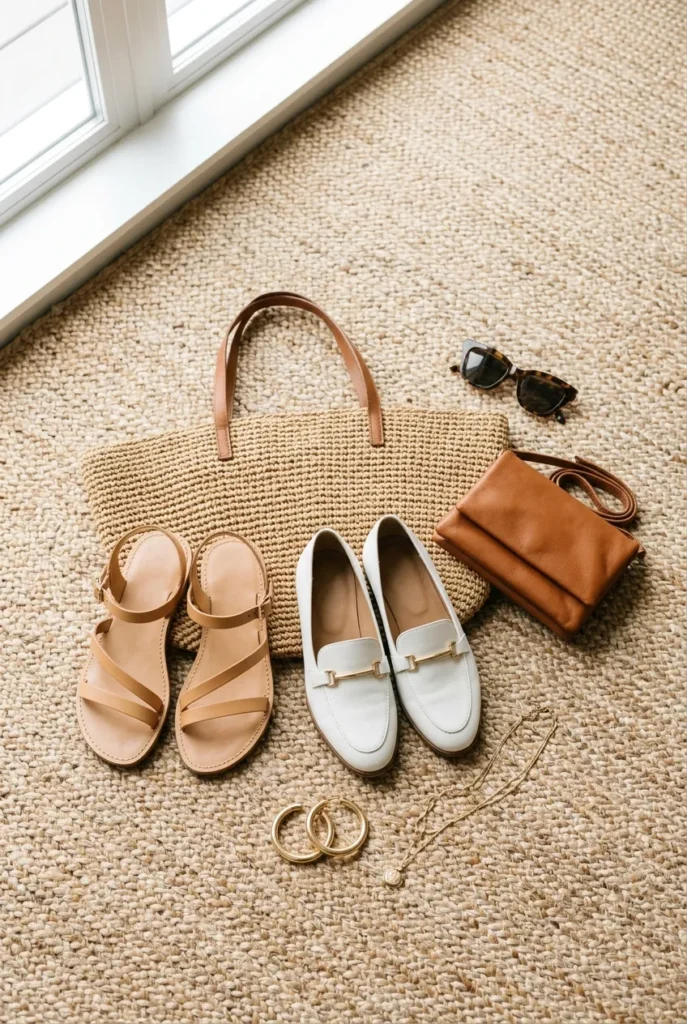 Travel accessories flat-lay on jute rug tan sandals, white loafers, woven tote, cognac crossbody, gold hoops, sunglasses
