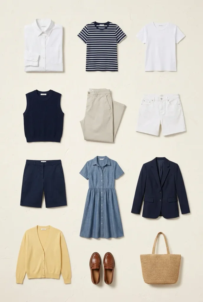 Twelve-piece preppy summer capsule wardrobe grid with blazer, chinos, and loafers.