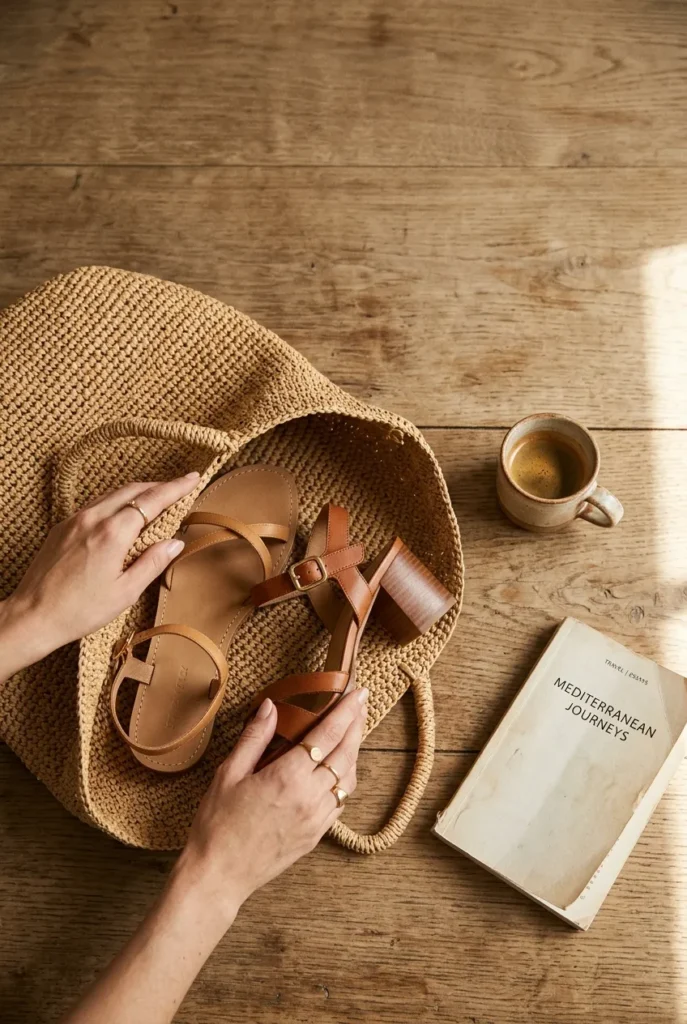 Two capsule wardrobe sandals placed in woven tote bag on wooden table, summer capsule sandal checklist