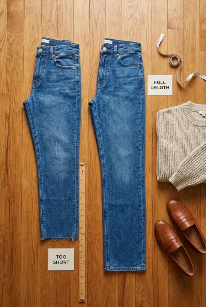 Two pairs of jeans on oak floor showing short versus full-length tall inseam with tape measure.