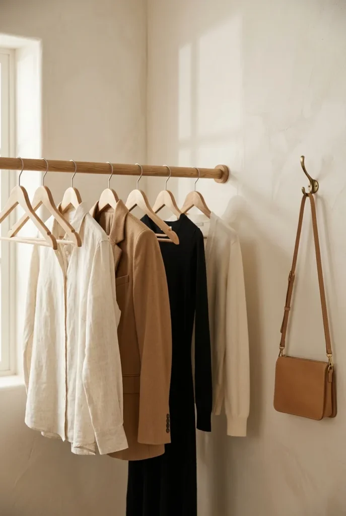 Wardrobe rail of wooden hangers with deliberate empty space, the one-in-one-out hanger space test
