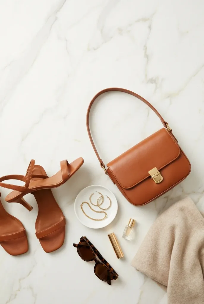 Wedding guest accessory flat-lay with cognac leather bag, kitten heel sandals, gold hoops and oat cashmere wrap.