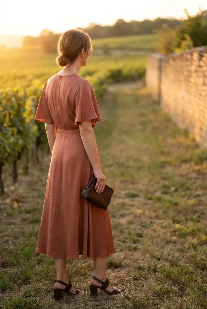 Wedding guest outfit for women over 50, terracotta silk midi with flutter sleeve at a vineyard.