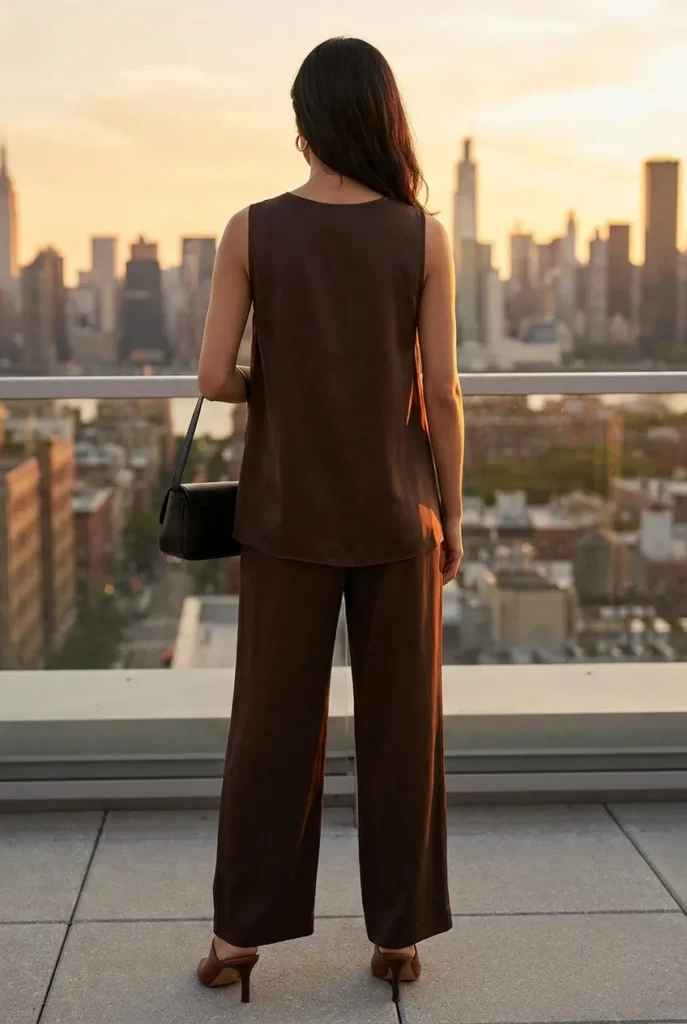 Wedding guest outfit not a dress, espresso silk wide leg pants and matching shell on a city rooftop at sunset.