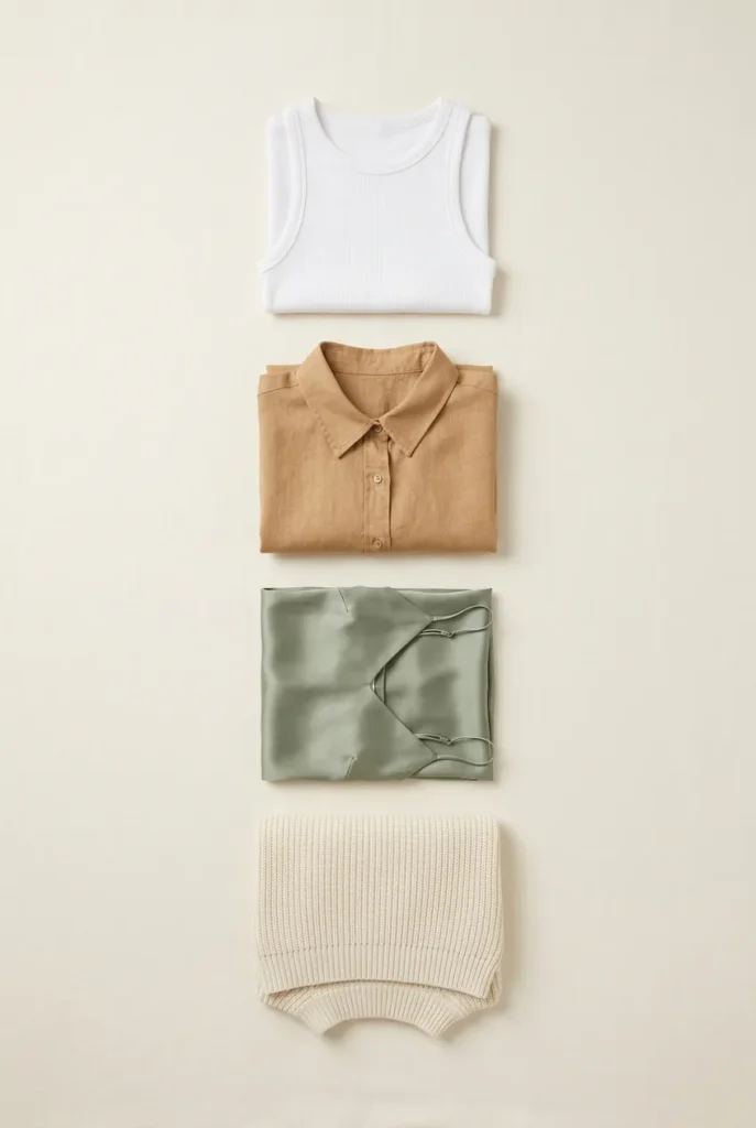 What tops to wear with wide-leg pants flat lay, white ribbed tank, camel linen shirt, sage cami, cream knit
