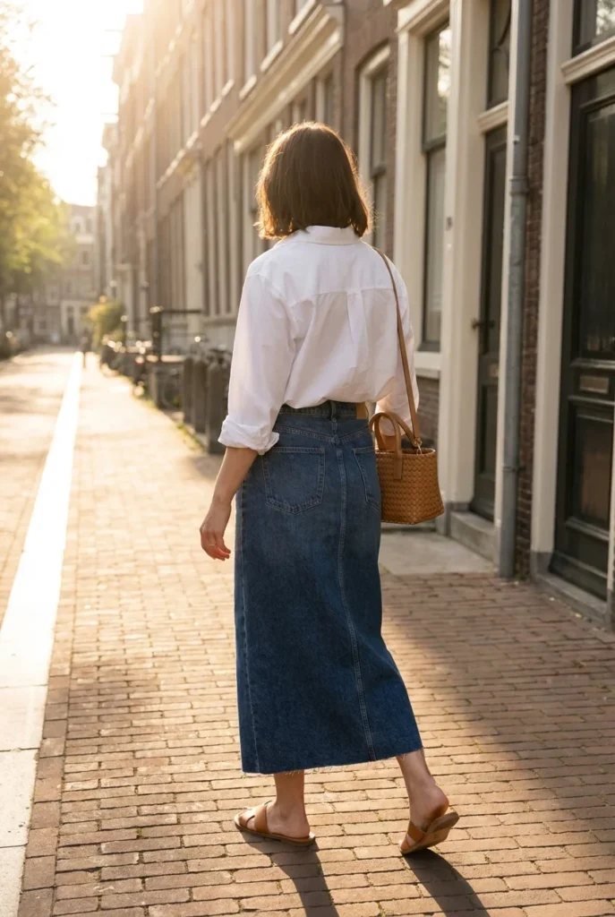 White button-down and denim maxi skirt outfit with tan slide sandals and camel tote bag.