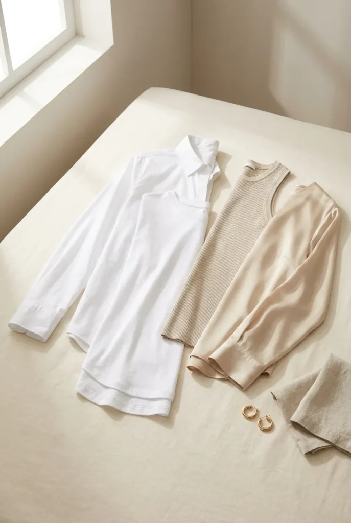 White button-down, longline tee, ribbed tank, and silk blouse for tall women on cream linen.