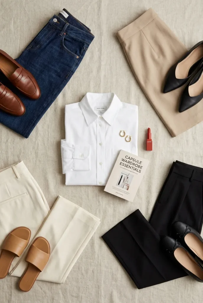 White button-down surrounded by matching capsule pieces, illustrating the SWAP test for new buys.