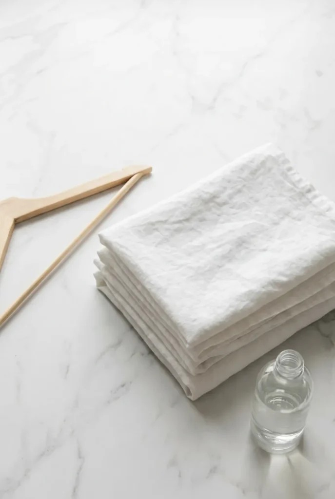 White linen dress care setup with folded linen, wooden hanger, and clear gentle detergent on a marble vanity surface.