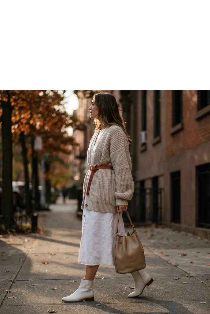 White linen dress fall layering outfit with oat ribbed cardigan, cognac belt, and white ankle boots on a city sidewalk.