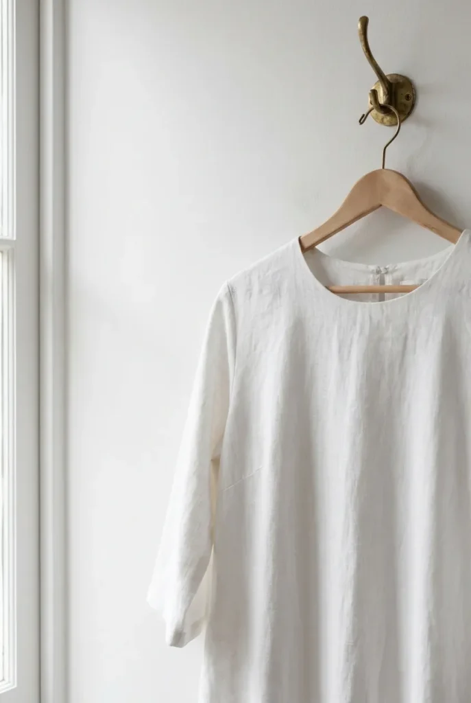 White linen dress on a wooden hanger on a brass hook, showing linen fabric texture in soft side window light.
