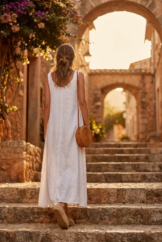 White linen dress vacation outfit with jute espadrilles and woven crossbody on a sun-warmed Mediterranean stone staircase.
