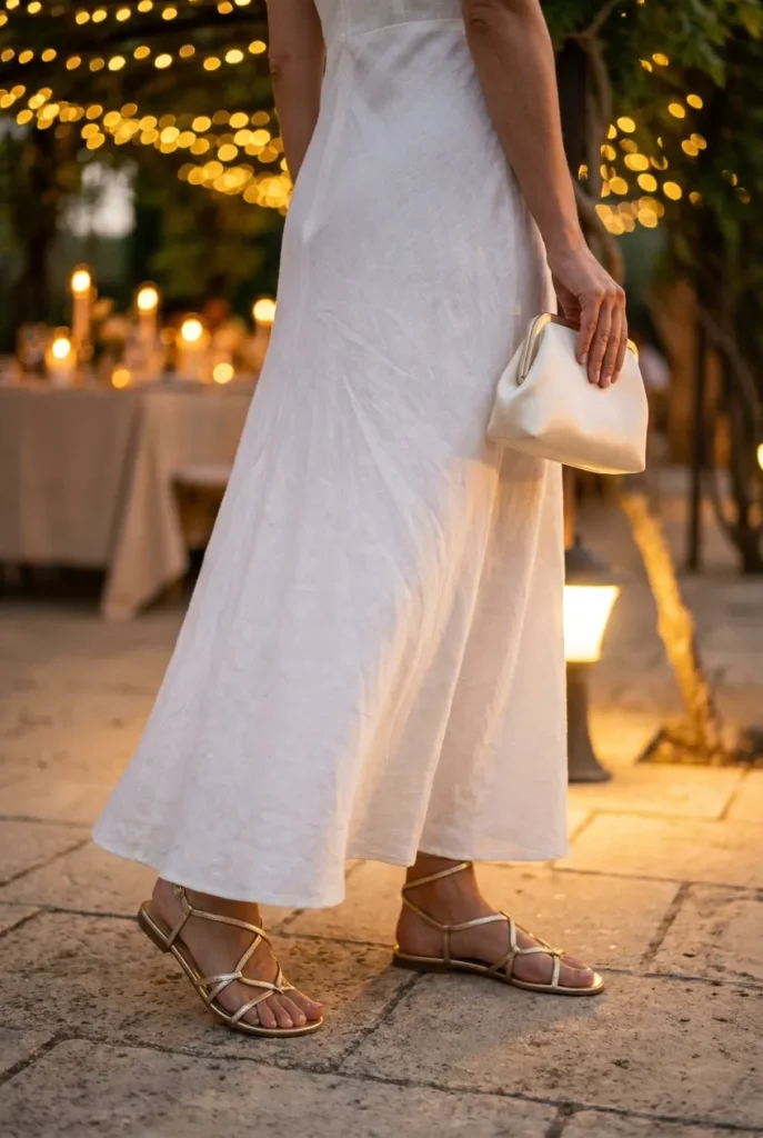White linen maxi dress evening outfit with strappy gold sandals and ivory satin clutch in warm outdoor candlelight.