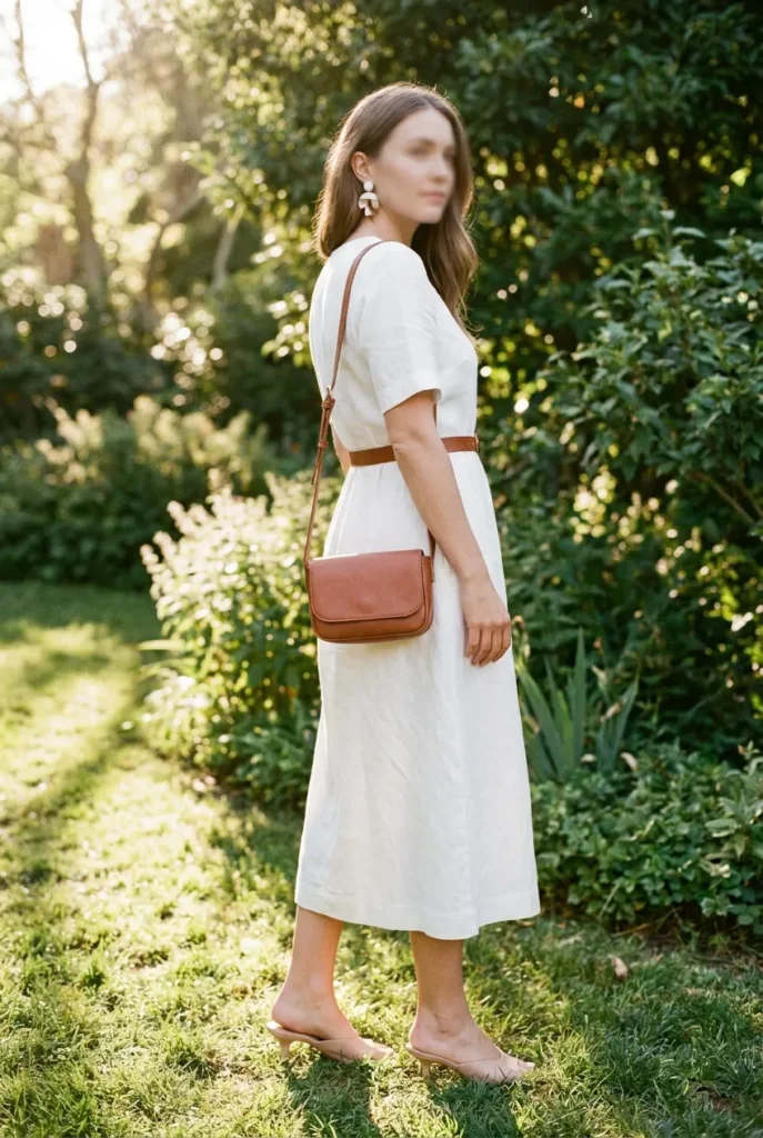 White linen midi dress classy elegant look with cognac belt, kitten heels, and leather crossbody at a garden setting.