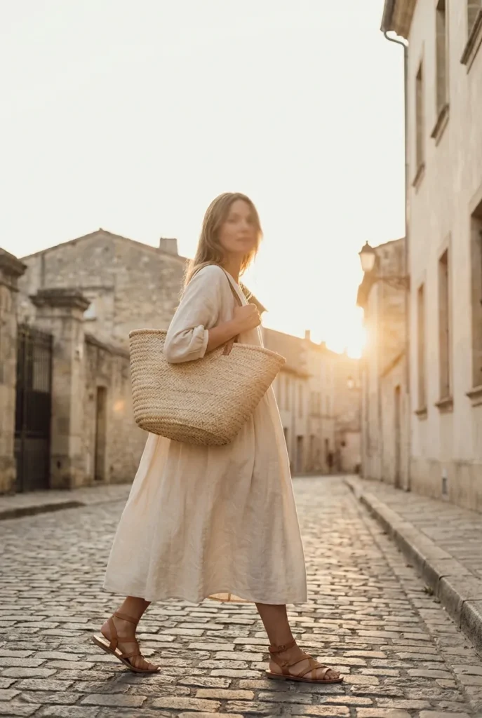White linen midi dress outfit with tan sandals and woven tote on a sunny cobblestone street.