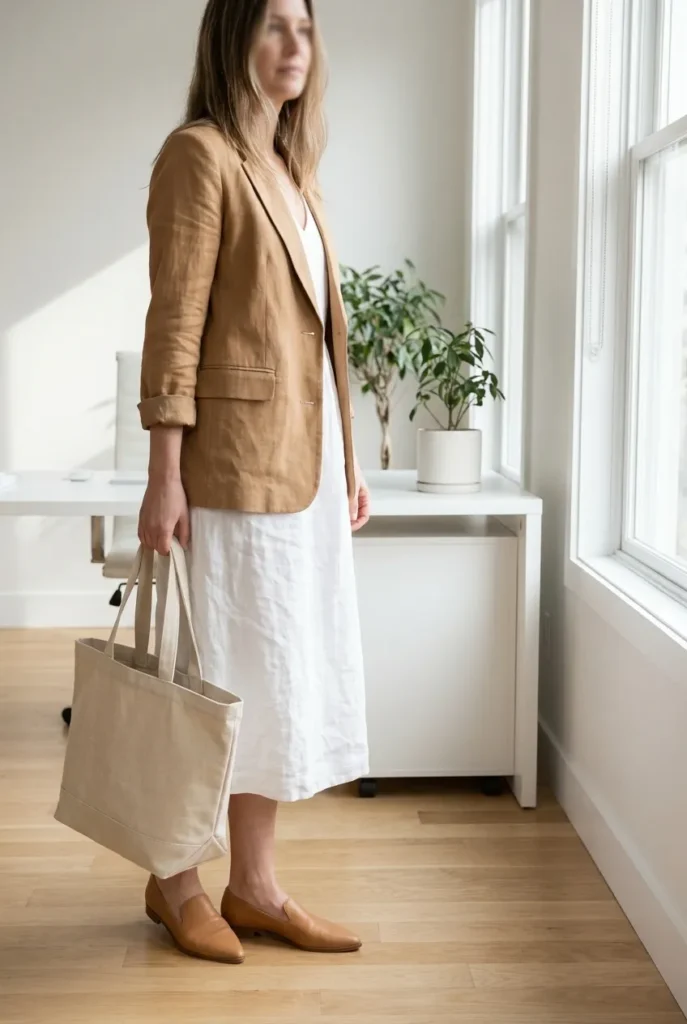 White linen midi dress work outfit with camel linen blazer, pointed loafers, and structured tote in a bright office setting.