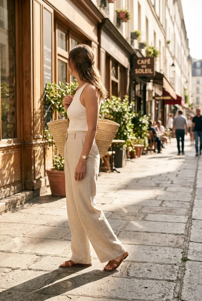 Wide-leg trousers outfit summer, woman in oat linen trousers and ivory fitted tank on a sun-lit city sidewalk