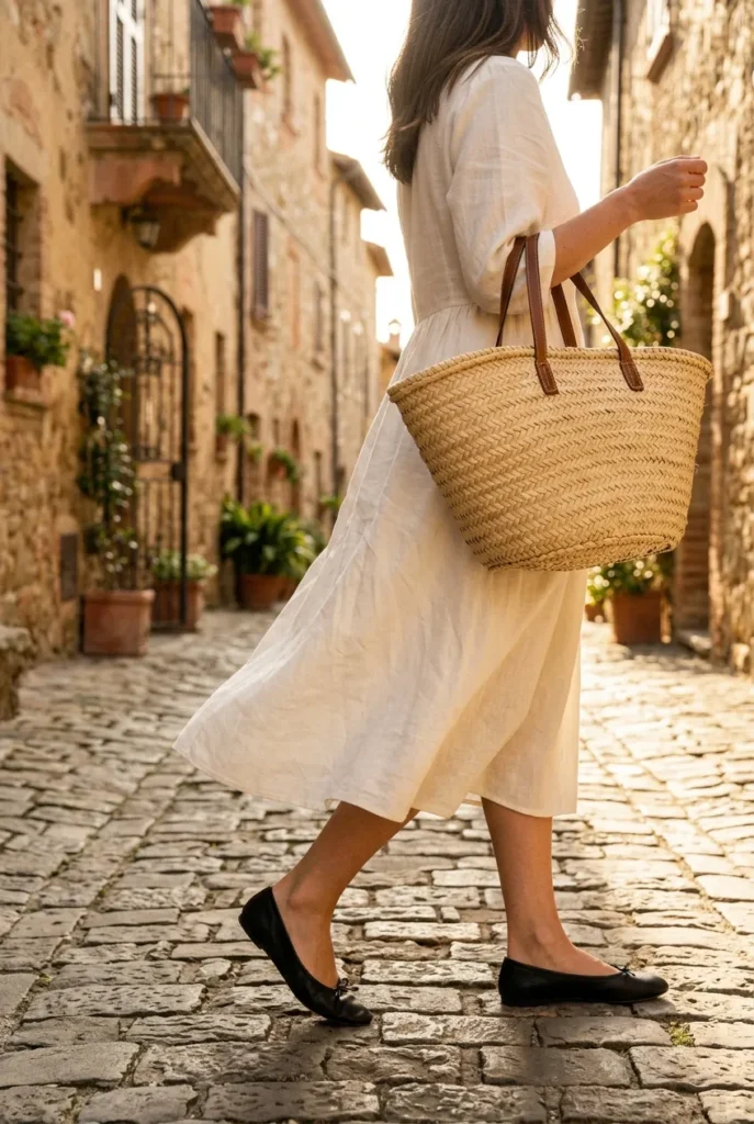 Woman carrying a natural raffia French-girl basket bag on a European summer street.