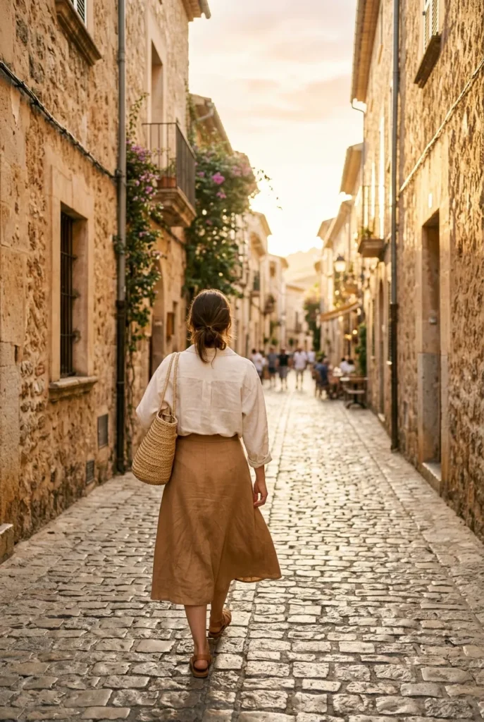 Woman from behind in ivory linen blouse and camel midi skirt walking a narrow sunlit European street, carry-on travel outfit
