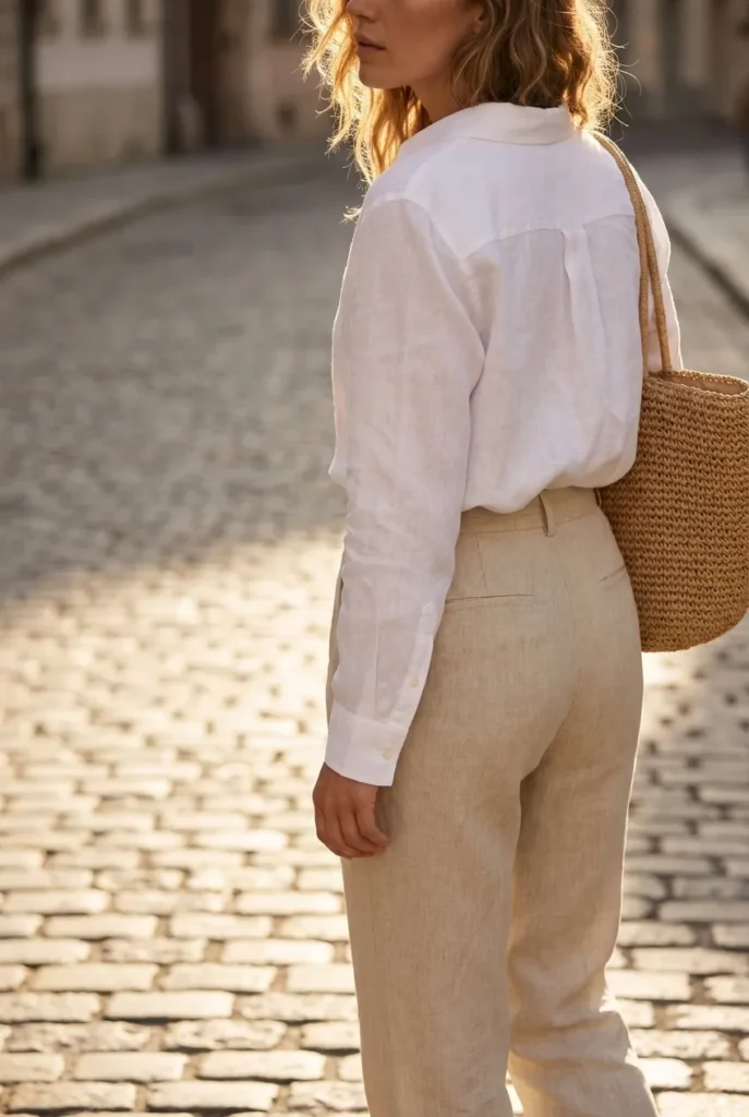 Woman in a white linen shirt and oat trousers walking a sunlit cobblestone street.
