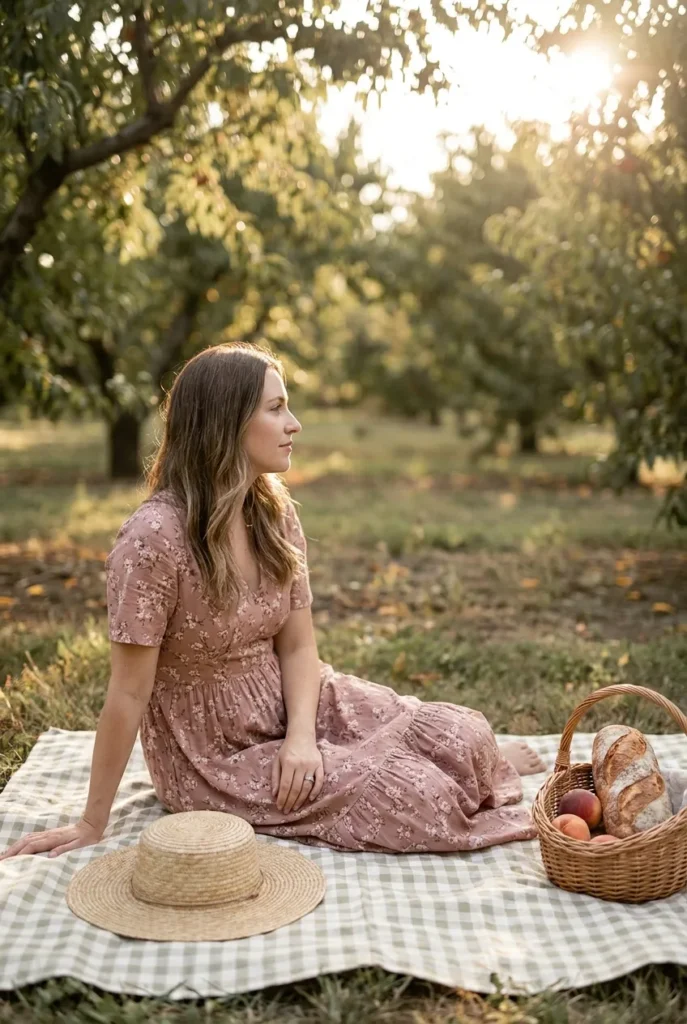 Woman in floral maxi dress at orchard picnic, dreamy cottagecore summer aesthetic