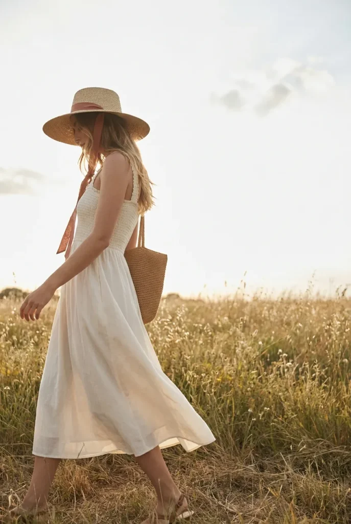 Woman in ivory midi dress and straw hat walking a meadow, cottagecore summer outfits