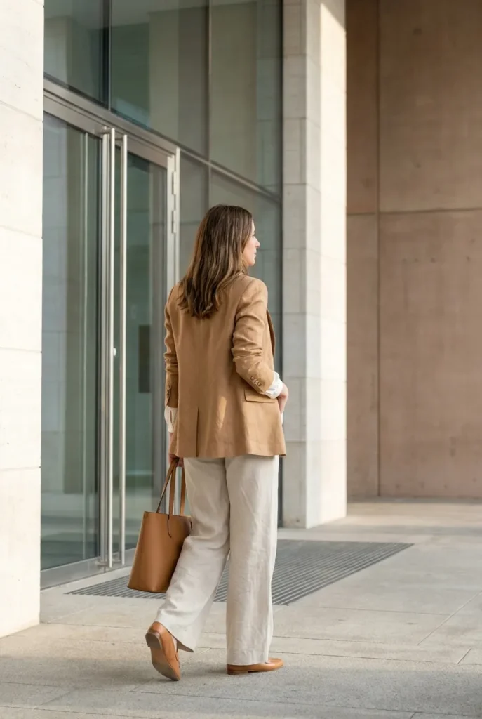 Woman in linen blazer and wide-leg trousers at office building, professional cool summer work outfit hot weather