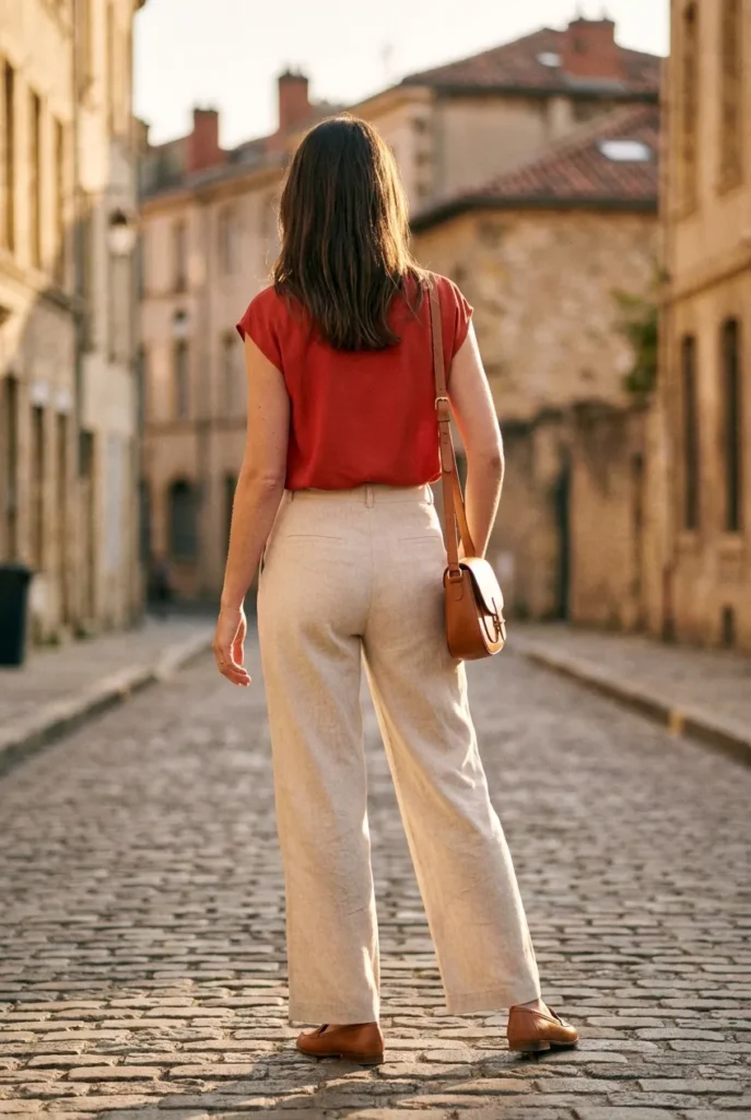 Woman in linen trousers and tomato red shell on cobblestone street, cool summer travel outfit for hot weather